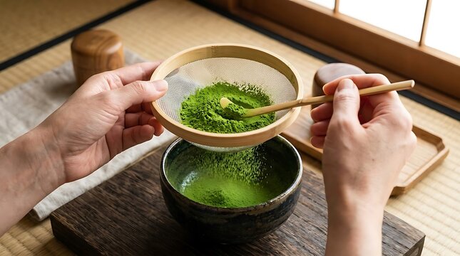 Person sifting green matcha powder through a fine mesh sieve