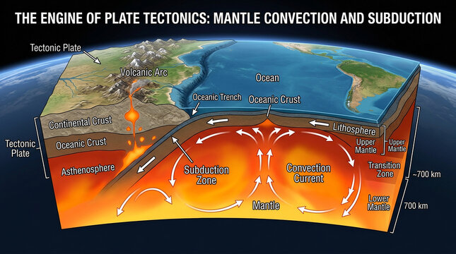 Earth Tectonic Plates Diagram Showing Mantle Convection Currents and Subduction Zones