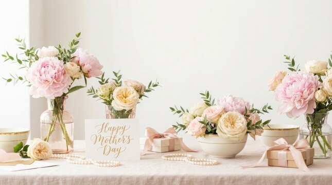 A beautifully arranged table displays a collection of delicate pink and peach peonies and roses in elegant glass vases.
