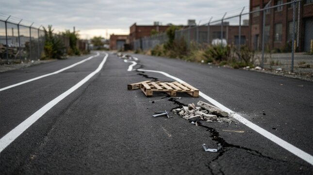A cracked wooden pallet lies on a dark asphalt road, marked with white lane lines. The road stretches into the distance, flanked by a chain-link fence and a brick industrial building.