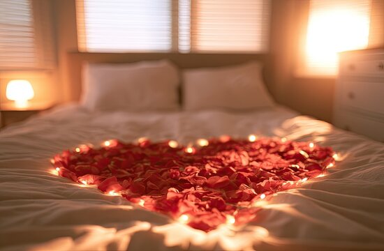 A heart of rose petals with fairy lights on a white bed