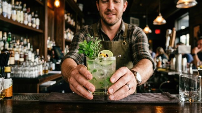 A bartender carefully crafts a refreshing mojito cocktail. He holds the glass with both hands, garnishing it with fresh mint and a lime wedge.