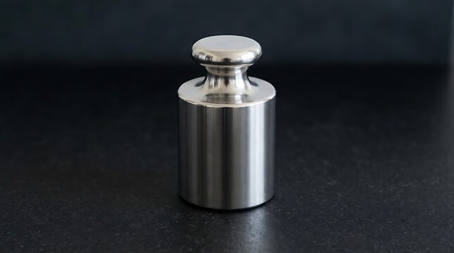 Polished steel calibration weight on dark surface