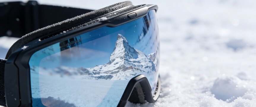 Ski goggles reflecting a snowy mountain peak in a winter landscape