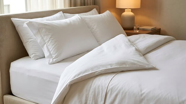 Comfortable made bed with plush white pillows and duvet