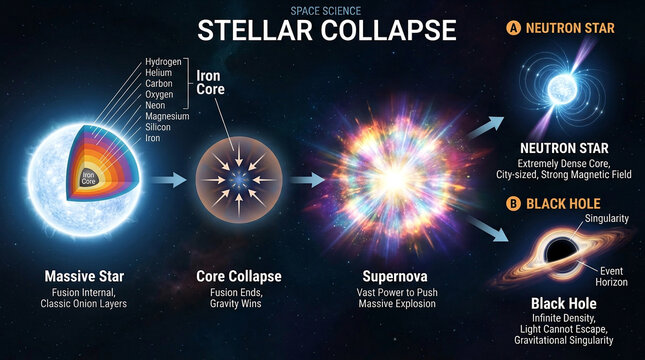 Stellar Collapse Infographic Showing Supernova Evolution to Neutron Star and Black Hole