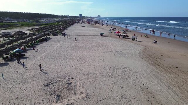 Miramar Beach Ciudad Madero Sunset Aerial View Crowded with Tourists Palapas Vehicles and Gulf of Mexico Waters
