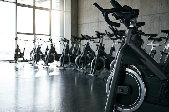 Rows of exercise bikes in a sunlit modern gym