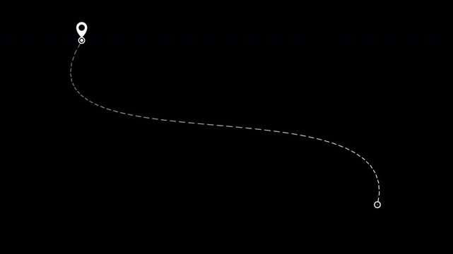 Minimal black background featuring a curved dashed route line connecting two white location pins