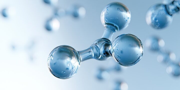 Abstract molecular structure with connected spheres of blue liquid