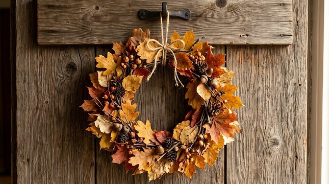 Autumn wreath with colorful leaves on a wooden background