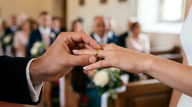 Groom placing gold wedding ring on bride finger