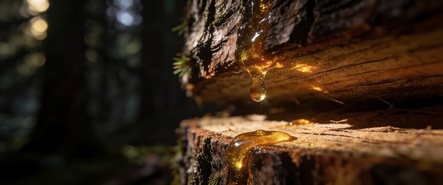 Macro shot of golden amber resin dripping from tree bark in a forest