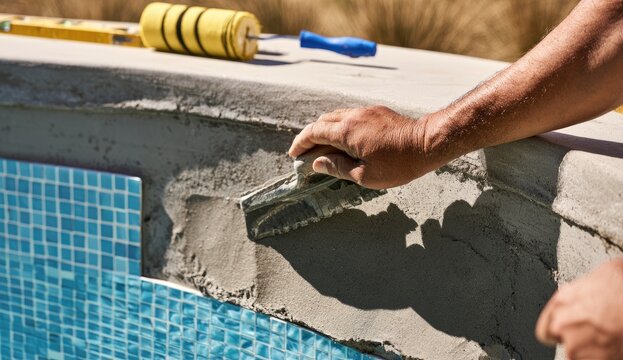 Worker smooths cement onto pool coping with trowel as mosaic tiles gleam