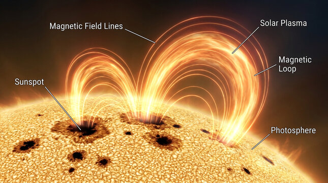 Infographic of solar magnetic loops and sunspots on the sun surface