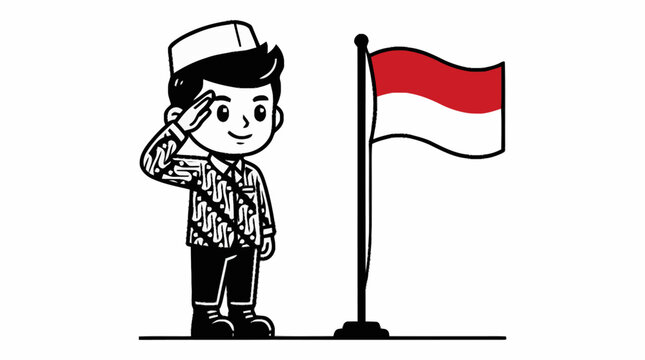 A cartoon boy in a peci and batik shirt saluting the Indonesian flag, symbolizing patriotism and national pride.