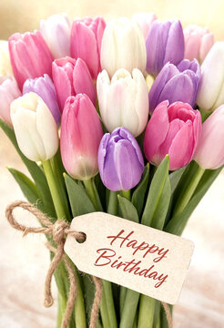 Beautiful bouquet of colorful tulips with a happy birthday tag tied around them