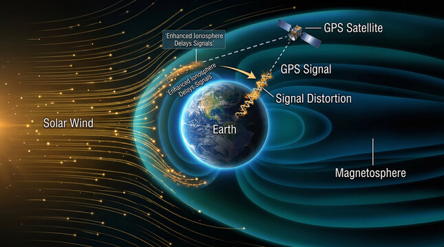 Solar wind particles disrupting GPS satellite signal and Earth magnetosphere illustration