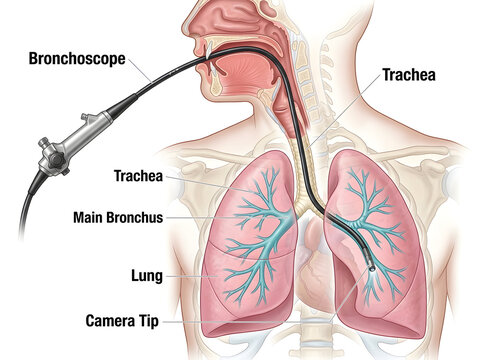 Bronchoscope inserted in human trachea and lung diagram isolated on white background