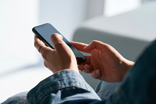 Close-up of hands holding a smartphone, fingers touching the screen
