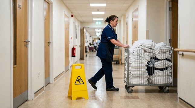 Housekeeper navigating a linen cart past a row of patient room doors during morning rounds - Hospital Housekeeping Linen Cart Management Stock Photo
