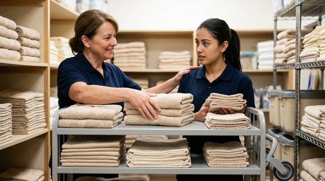 Reassuring a nervous new housekeeper while demonstrating proper linen cart loading technique - Hospital Housekeeping Linen Cart Management Stock Photo