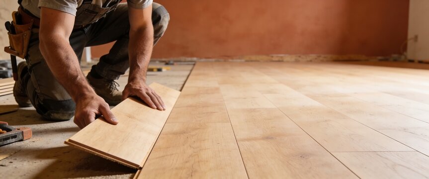 Professional installer fitting new laminate wood planks during home interior renovation project
