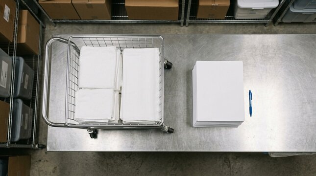 Linen cart resting beside a stack of completed requisition forms on a supply room counter - Hospital Housekeeping Linen Cart Management Stock Photo