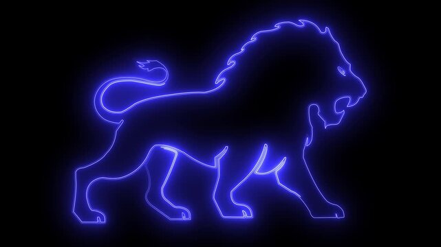 Neon glowing lion silhouette walking against dark background animation digital artistic animal symbol for creative projects.