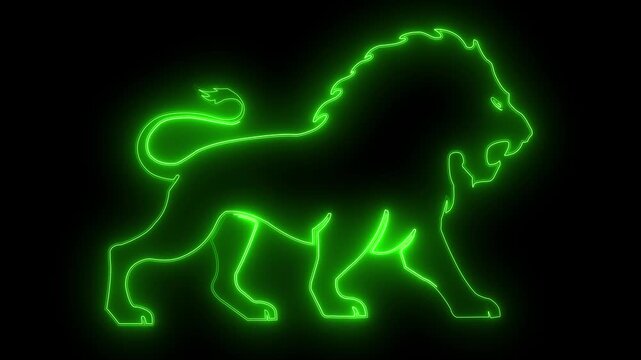 Neon green lion roaring digital animation glowing outline on black background video loop, wild animal symbol motion graphic footage.