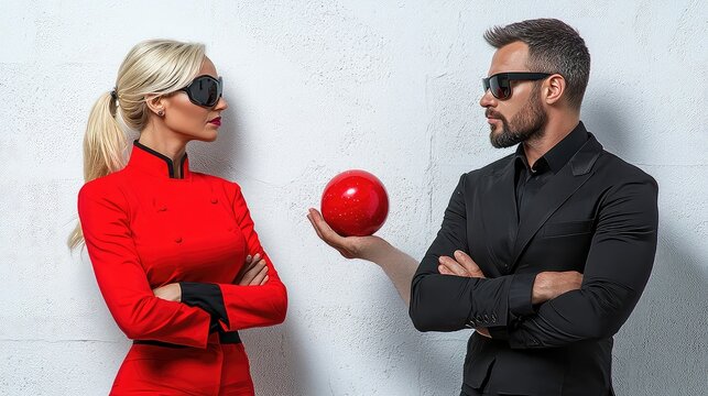 Stylish Man And Woman In Sunglasses Holding A Red Sphere