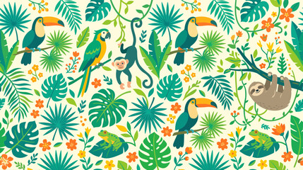 Vibrant tropical jungle scene featuring toucans monkeys and a sloth among lush foliage.