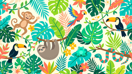 Fototapeta premium Colorful Tropical Jungle Scene with Monkeys, Parrots and Bright Birds in Lush Foliage.