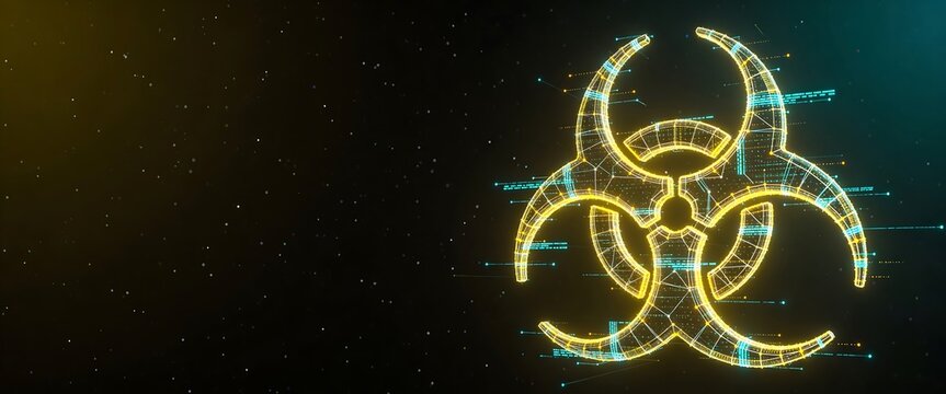 Futuristic digital biohazard symbol glowing on dark starry background for medical research