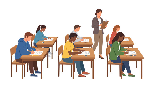 Diverse students taking exam in classroom with teacher supervising