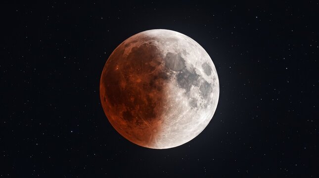 Partial lunar eclipse in night sky with reddish-brown moon surface and dark shadows