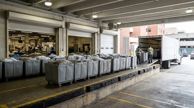 Wide establishing shot of a hospital laundry service dock with linen carts staged for the daily exchange - Hospital Housekeeping Linen Cart Management Stock Photo