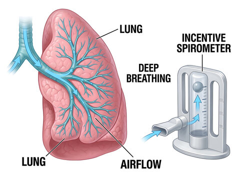 Deep breathing with incentive spirometer isolated on white background