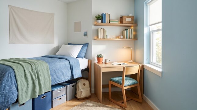 Cozy college dorm bedroom with wooden desk, books, and soft morning sunlight