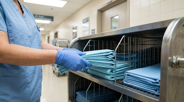 Worker restocking a linen cart with fresh crib sheets for the pediatric ward - Hospital Housekeeping Linen Cart Management Stock Photo
