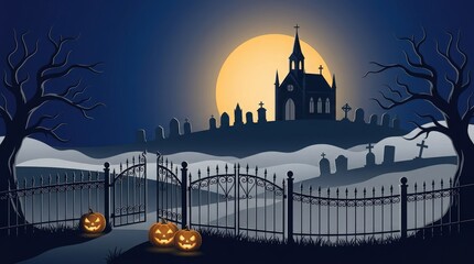 Naklejka premium Spooky halloween cemetery with glowing pumpkins and a dark haunted church under a big yellow moon