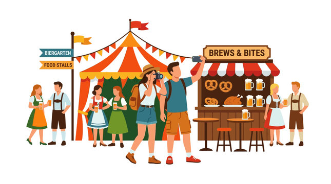 Oktoberfest festival scene with people taking selfies at food stalls and beer garden