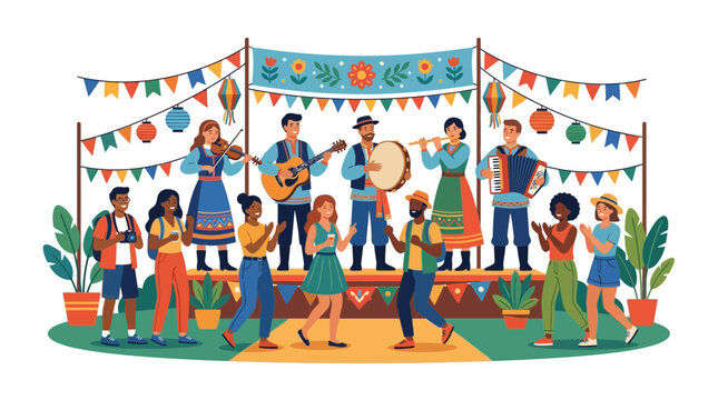 Outdoor Folk Music Festival with Diverse Crowd Dancing and Musicians Performing