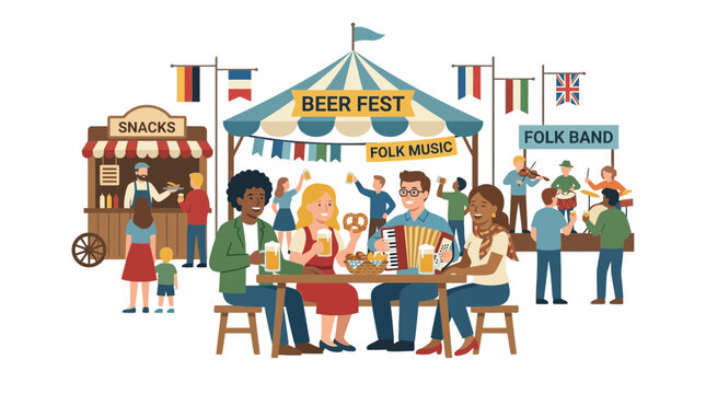 People Enjoying Beer Fest with Folk Music and Snacks
