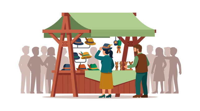 People Shopping at Outdoor Hat Stall: Diverse Crowd, Colorful Display, Marketplace Scene