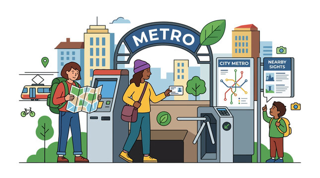 People using public transport metro station with map and ticket gate, urban city background.