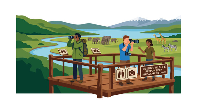 People Observing Wildlife from a Safari Viewing Platform