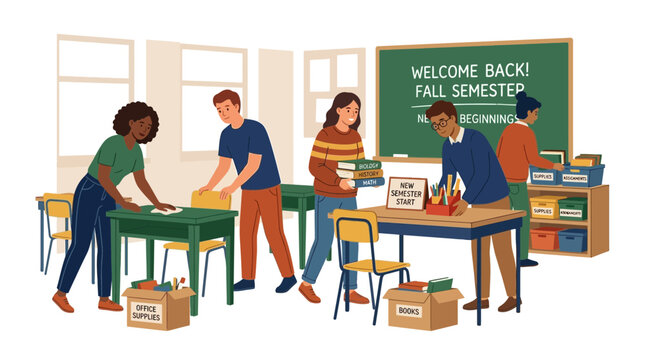 Students setting up classroom for fall semester, welcome back concept