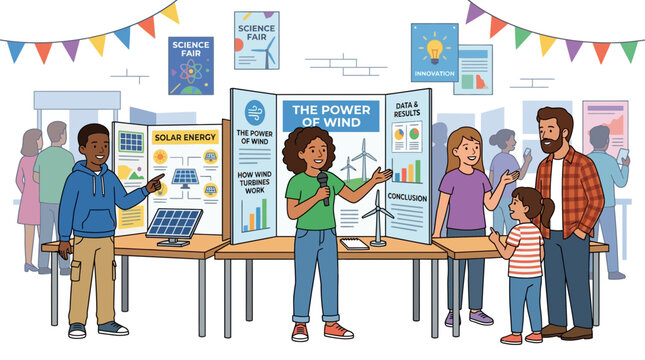 Science Fair: Students Presenting Renewable Energy Projects to Families