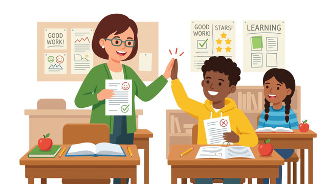 Teacher High-Fiving Student With Good Grade in Classroom
